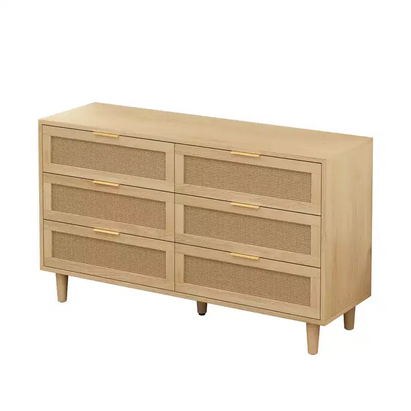 51.18" 6-Drawer Rattan Storage Cabinet for Bedroom, Living Room, Natural