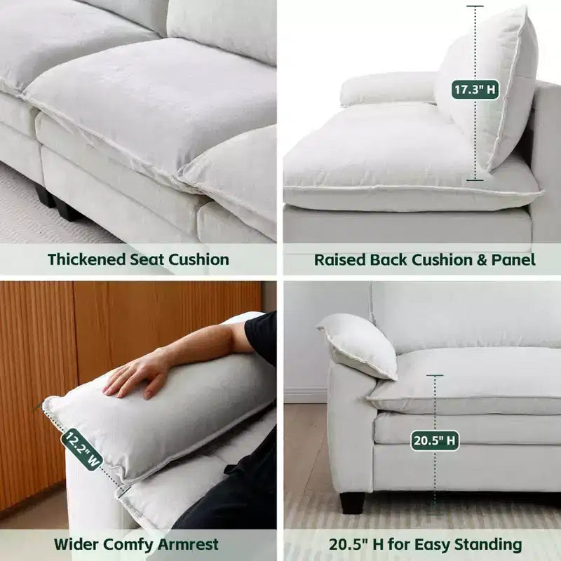 Modern Luxury Sofa with Ottoman, Soft Chenille Upholstered, for Living Room, Beige