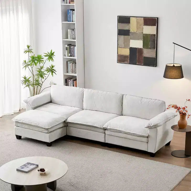 Modern Luxury Sofa with Ottoman, Soft Chenille Upholstered, for Living Room, Beige