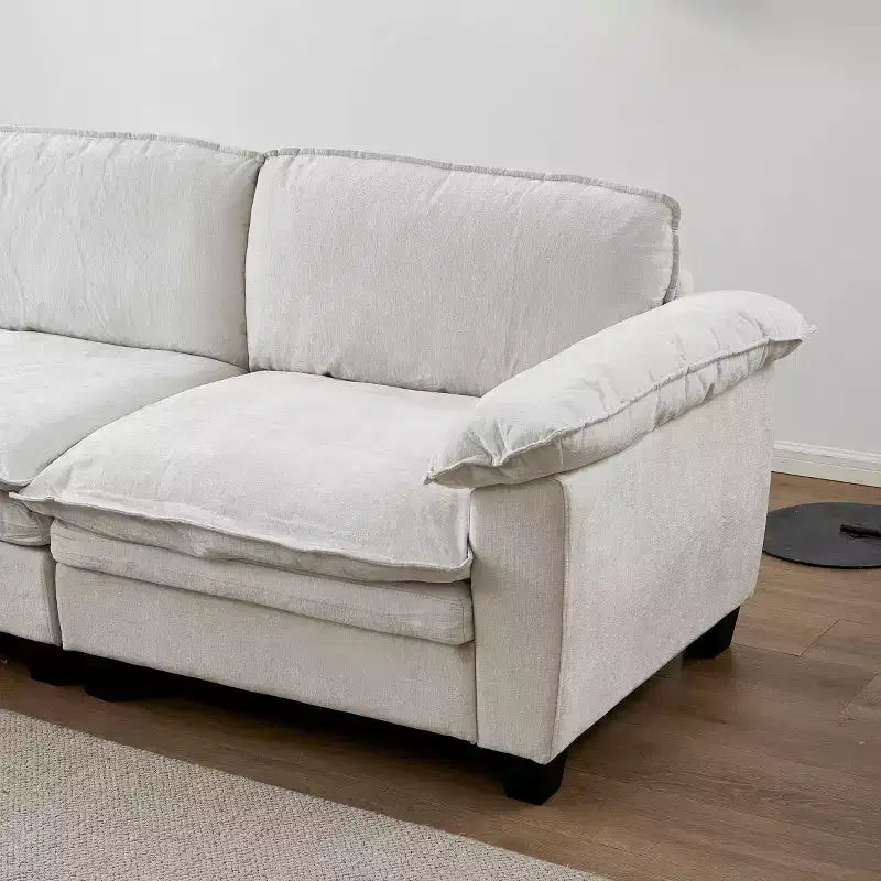 Modern Luxury Sofa with Ottoman, Soft Chenille Upholstered, for Living Room, Beige