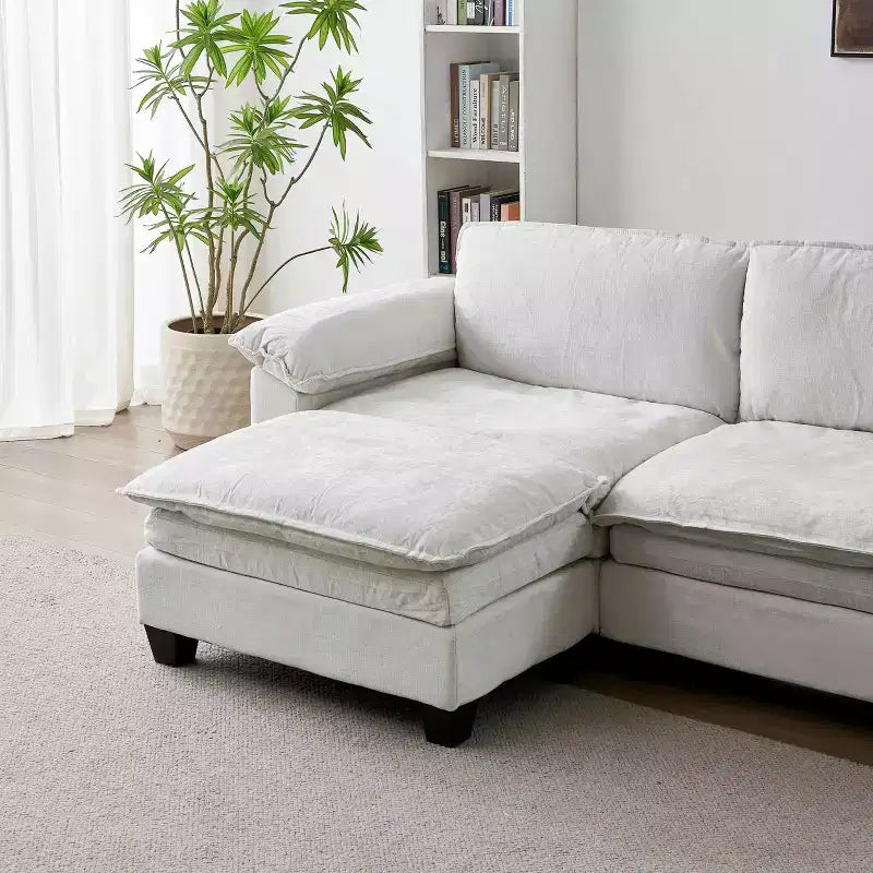 Modern Luxury Sofa with Ottoman, Soft Chenille Upholstered, for Living Room, Beige