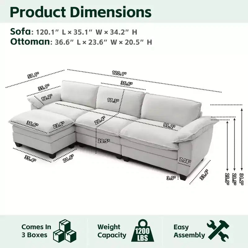 Modern Luxury Sofa with Ottoman, Soft Chenille Upholstered, for Living Room, Beige