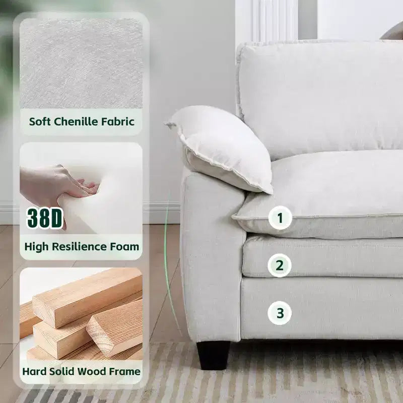 Modern Luxury Sofa with Ottoman, Soft Chenille Upholstered, for Living Room, Beige