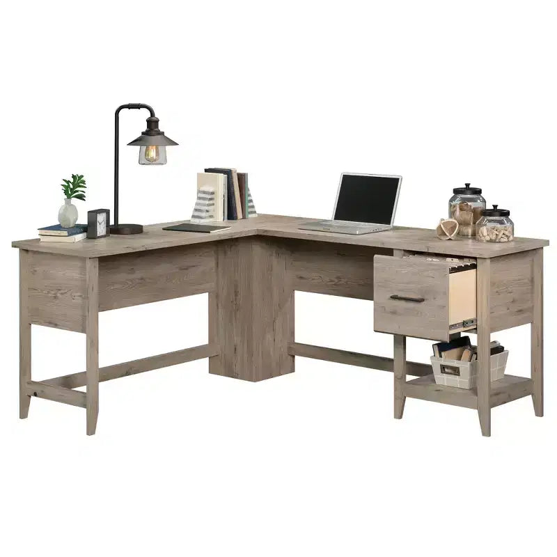 58.66" L-Shaped Corner Desk with File Drawer, Lower Shelf & Cable Grommets, Writing Desk for Home Office