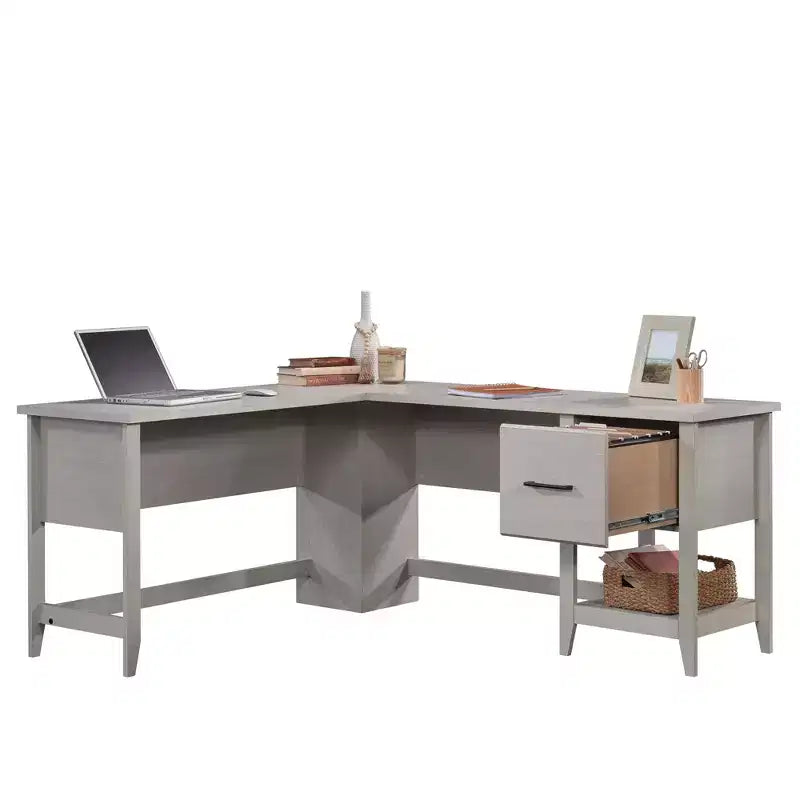 58.66" L-Shaped Corner Desk with File Drawer, Lower Shelf & Cable Grommets, Writing Desk for Home Office