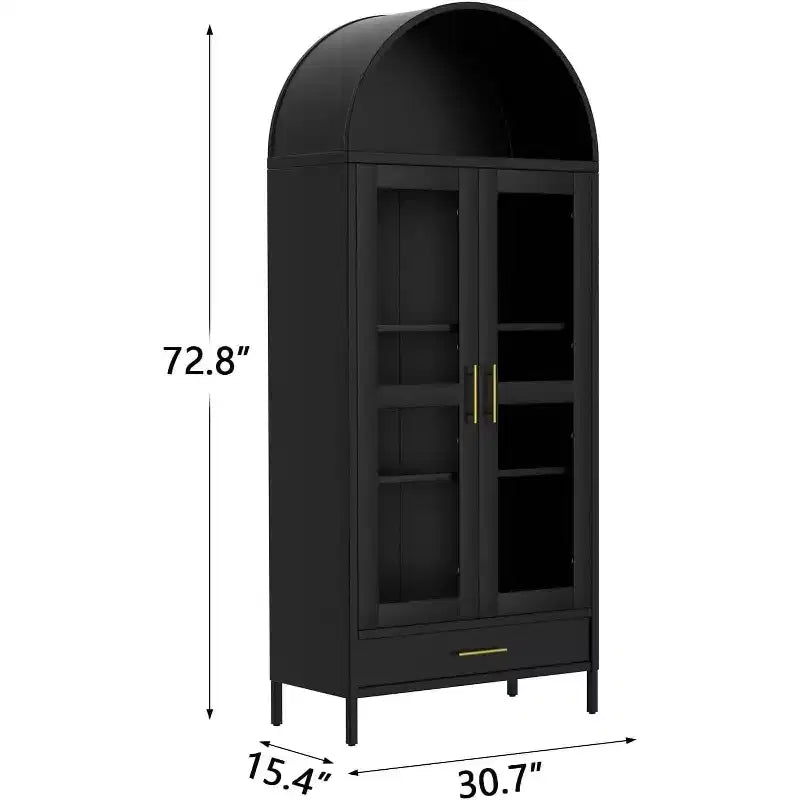 73 Tall Arched Metal Storage Cabinet with Glass Doors & Drawer, Freestanding Modern Pantry Cabinet with Adjustable Shelves, Accent Bookshelf