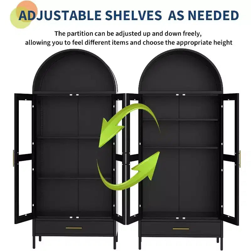73 Tall Arched Metal Storage Cabinet with Glass Doors & Drawer, Freestanding Modern Pantry Cabinet with Adjustable Shelves, Accent Bookshelf