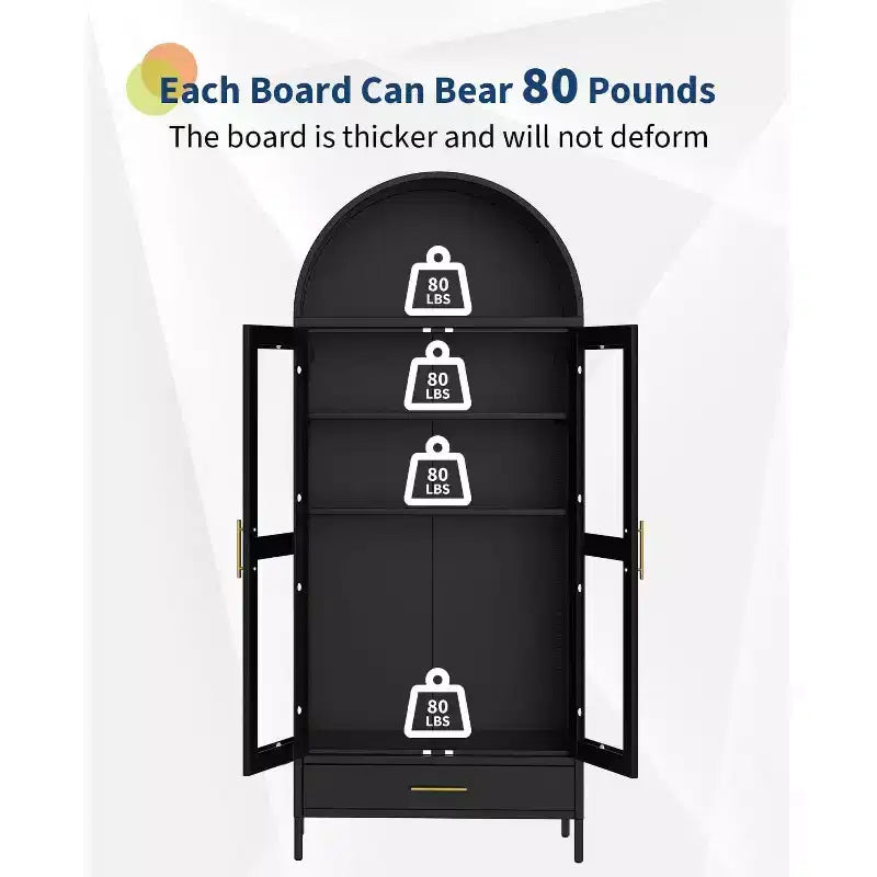 73 Tall Arched Metal Storage Cabinet with Glass Doors & Drawer, Freestanding Modern Pantry Cabinet with Adjustable Shelves, Accent Bookshelf