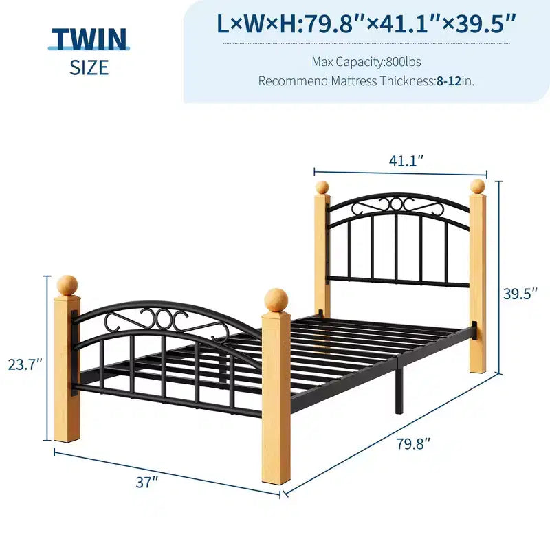 Bed Frame with Headboard, Twin Size Metal Platform Bed Frame with Steel Slats, No Box Spring Needed, 14-Inch Under-Bed Storage