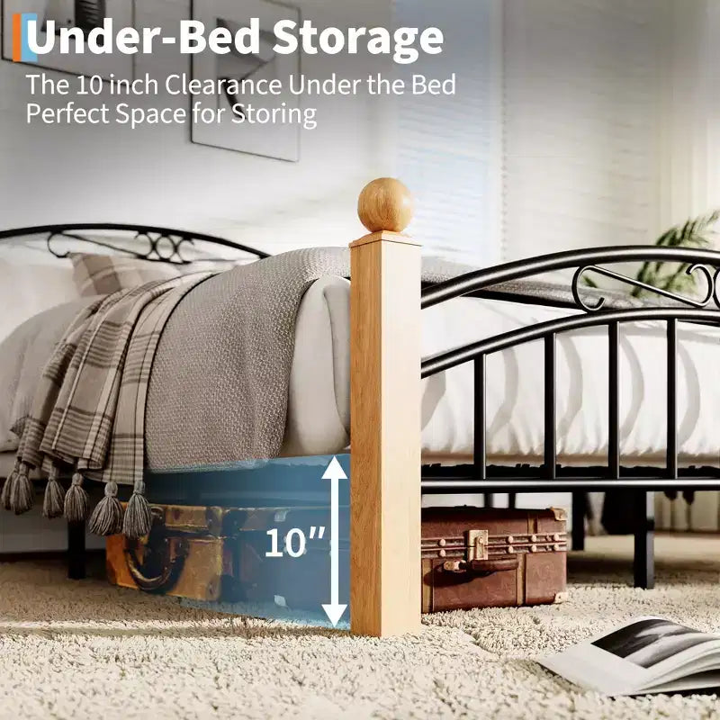 Bed Frame with Headboard, Twin Size Metal Platform Bed Frame with Steel Slats, No Box Spring Needed, 14-Inch Under-Bed Storage