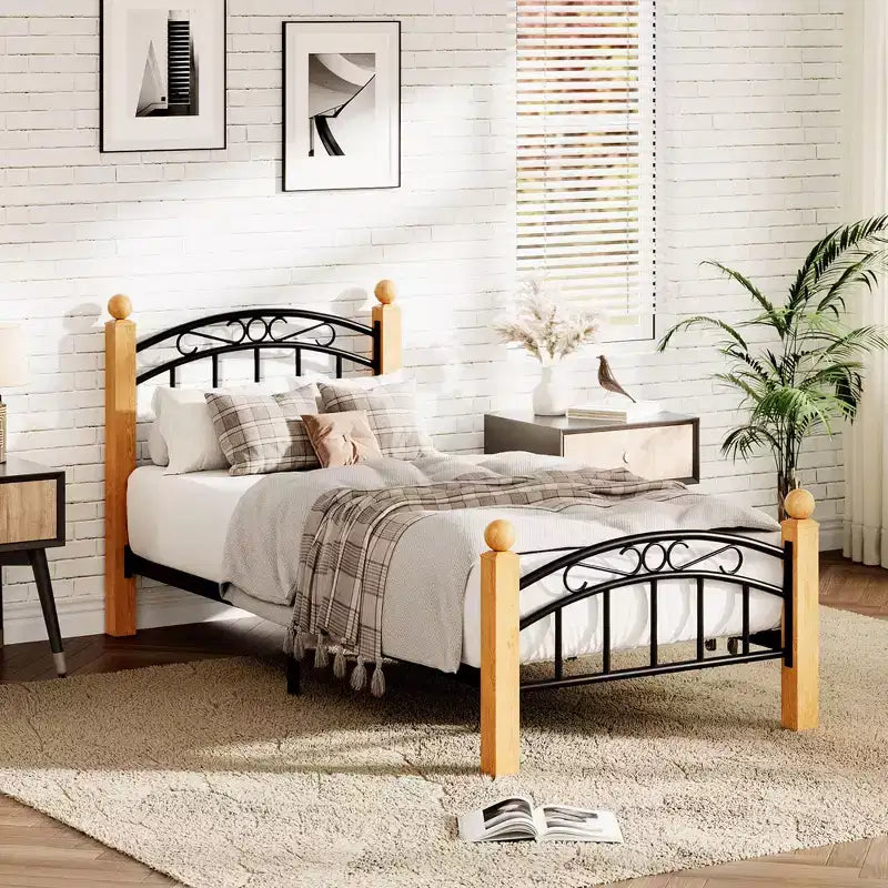 Bed Frame with Headboard, Twin Size Metal Platform Bed Frame with Steel Slats, No Box Spring Needed, 14-Inch Under-Bed Storage
