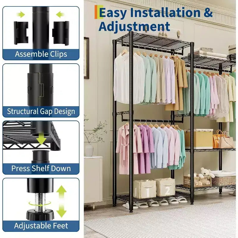 Heavy Duty Clothes Rack - Freestanding Closet Organizer w/ 4 Rods & Adjustable Shelves