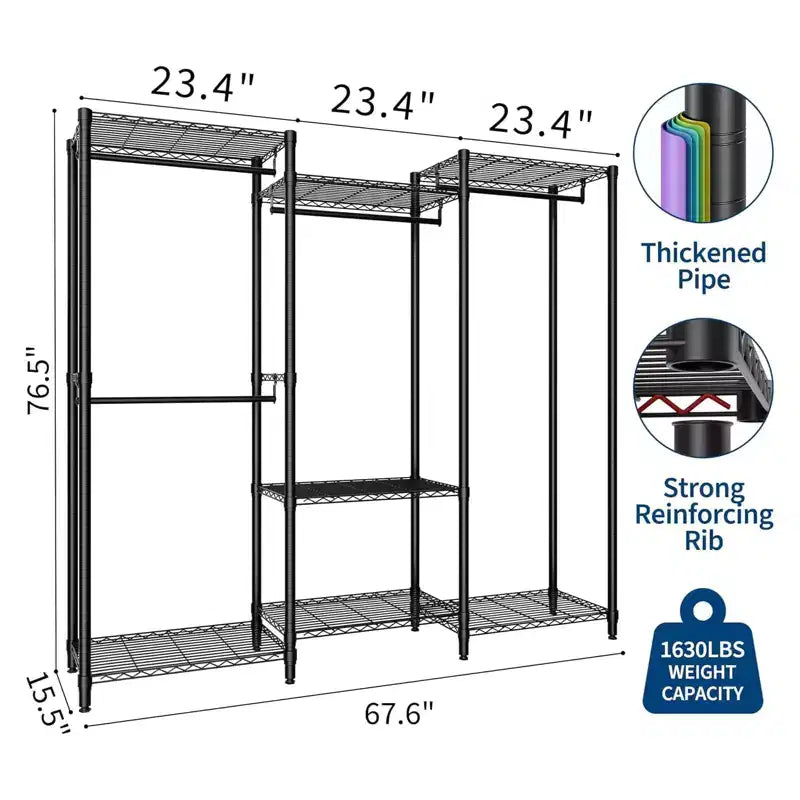 Heavy Duty Clothes Rack - Freestanding Closet Organizer w/ 4 Rods & Adjustable Shelves