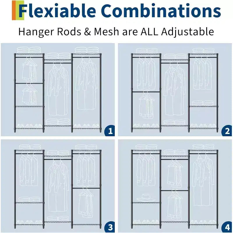 Heavy Duty Clothes Rack - Freestanding Closet Organizer w/ 4 Rods & Adjustable Shelves
