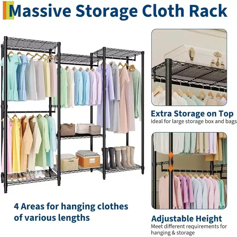 Heavy Duty Clothes Rack - Freestanding Closet Organizer w/ 4 Rods & Adjustable Shelves