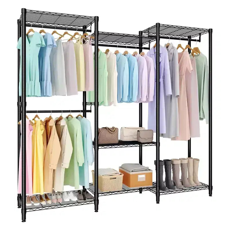 Heavy Duty Clothes Rack - Freestanding Closet Organizer w/ 4 Rods & Adjustable Shelves