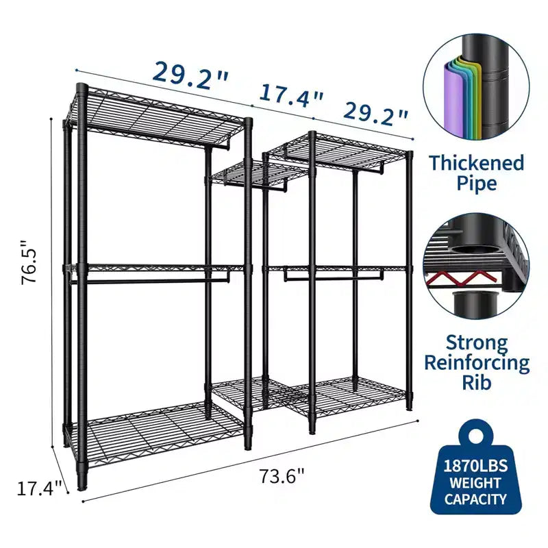 Heavy Duty Clothes Rack - Freestanding Closet Organizer w/ 4 Rods & Adjustable Shelves