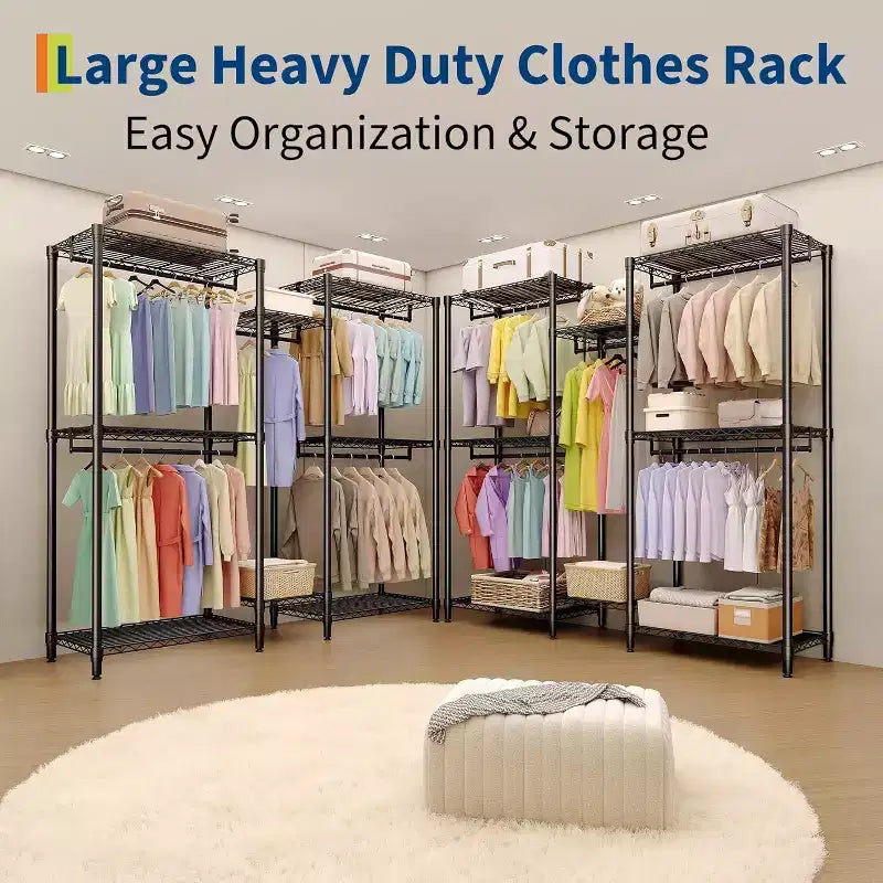 Heavy Duty Clothes Rack - Freestanding Closet Organizer w/ 4 Rods & Adjustable Shelves