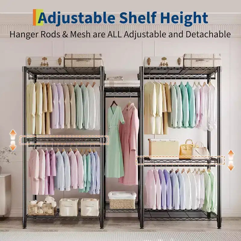 Heavy Duty Clothes Rack - Freestanding Closet Organizer w/ 4 Rods & Adjustable Shelves