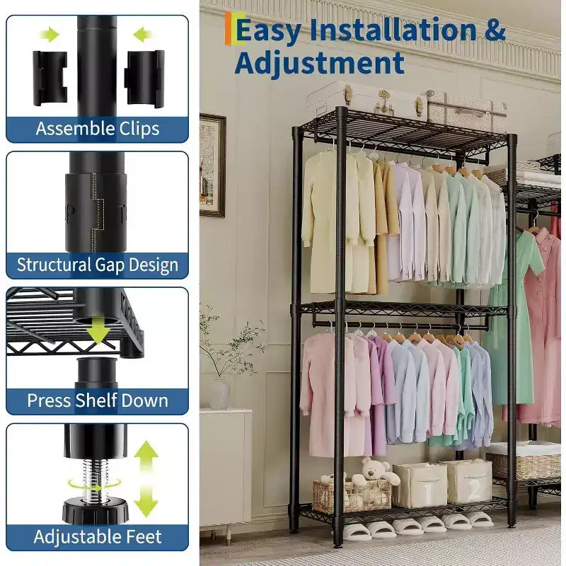 Heavy Duty Clothes Rack - Freestanding Closet Organizer w/ 4 Rods & Adjustable Shelves