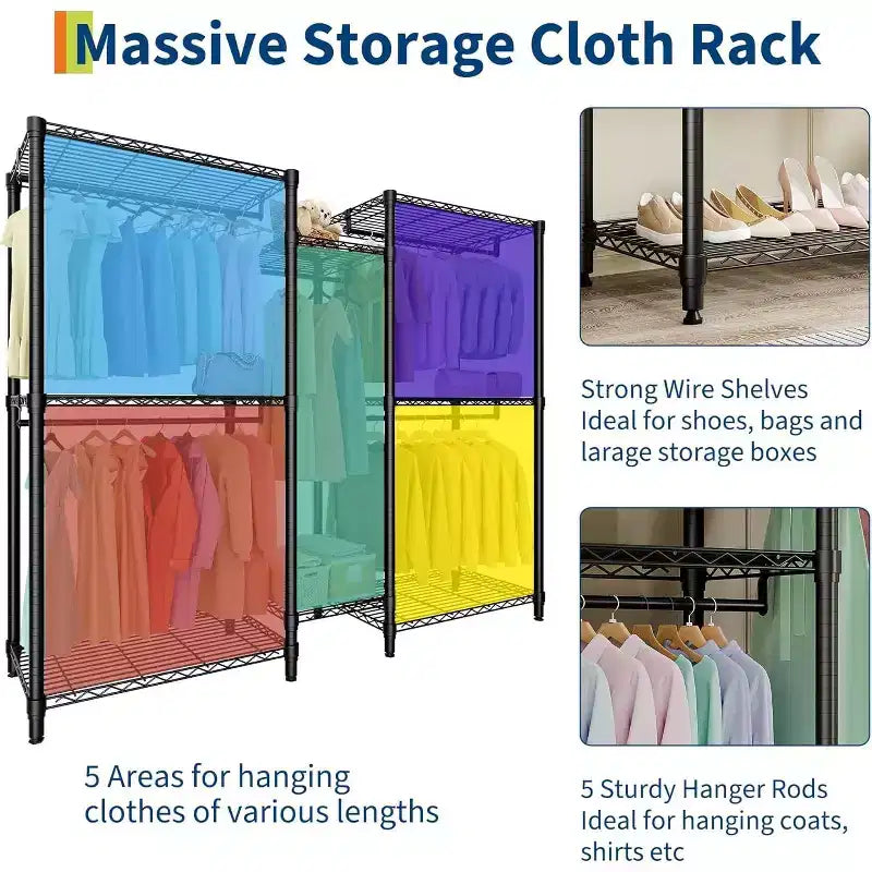 Heavy Duty Clothes Rack - Freestanding Closet Organizer w/ 4 Rods & Adjustable Shelves