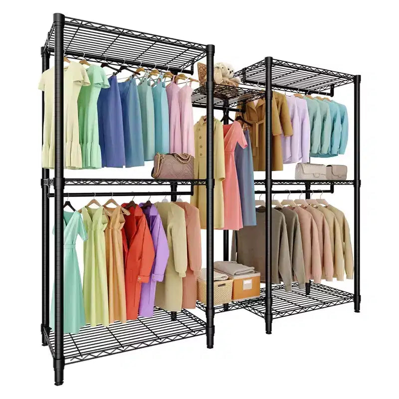 Heavy Duty Clothes Rack - Freestanding Closet Organizer w/ 4 Rods & Adjustable Shelves