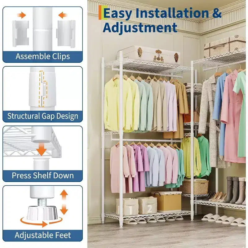 Heavy Duty Clothes Rack - Freestanding Closet Organizer w/ 4 Rods & Adjustable Shelves