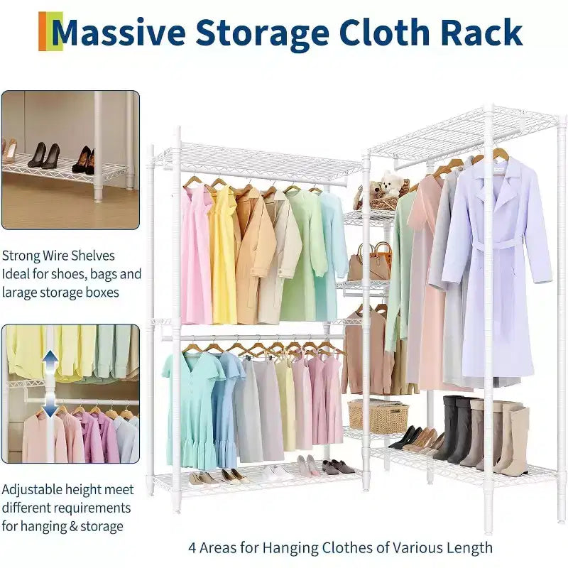 Heavy Duty Clothes Rack - Freestanding Closet Organizer w/ 4 Rods & Adjustable Shelves