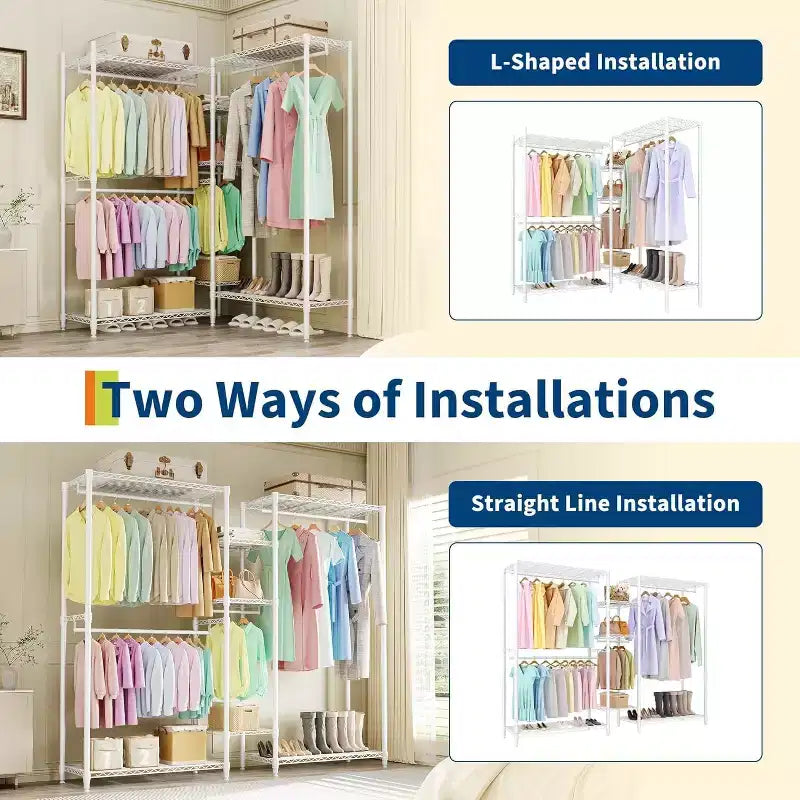 Heavy Duty Clothes Rack - Freestanding Closet Organizer w/ 4 Rods & Adjustable Shelves