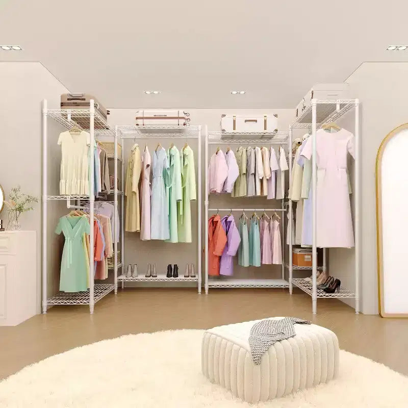 Heavy Duty Clothes Rack - Freestanding Closet Organizer w/ 4 Rods & Adjustable Shelves