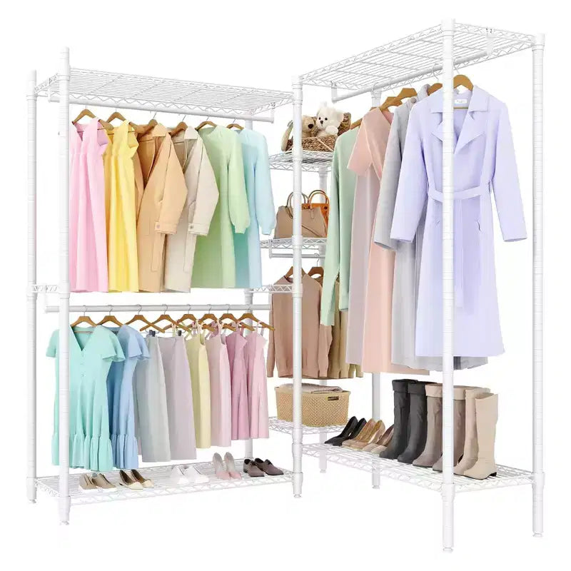 Heavy Duty Clothes Rack - Freestanding Closet Organizer w/ 4 Rods & Adjustable Shelves