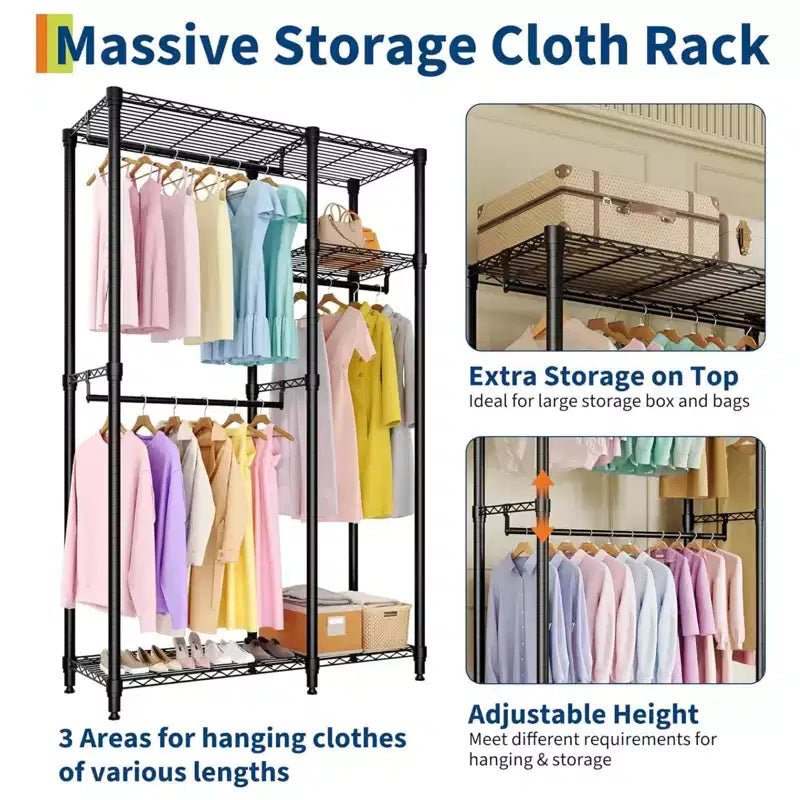 Heavy Duty Clothes Rack - Freestanding Closet Organizer w/ 4 Rods & Adjustable Shelves