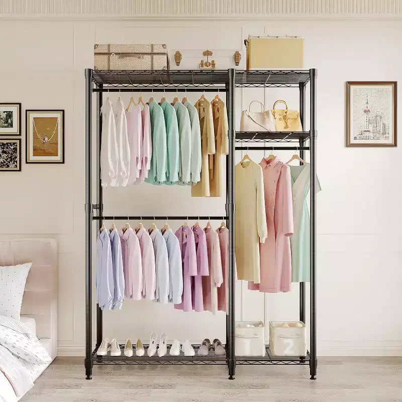 Heavy Duty Clothes Rack - Freestanding Closet Organizer w/ 4 Rods & Adjustable Shelves