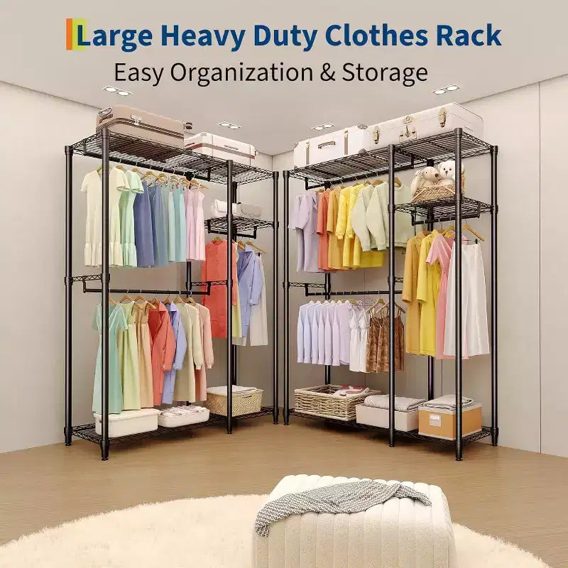 Heavy Duty Clothes Rack - Freestanding Closet Organizer w/ 4 Rods & Adjustable Shelves