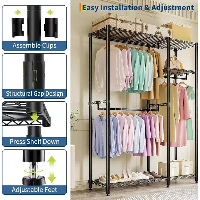 Heavy Duty Clothes Rack - Freestanding Closet Organizer w/ 4 Rods & Adjustable Shelves