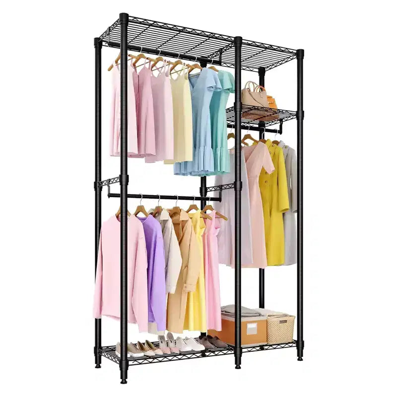 Heavy Duty Clothes Rack - Freestanding Closet Organizer w/ 4 Rods & Adjustable Shelves