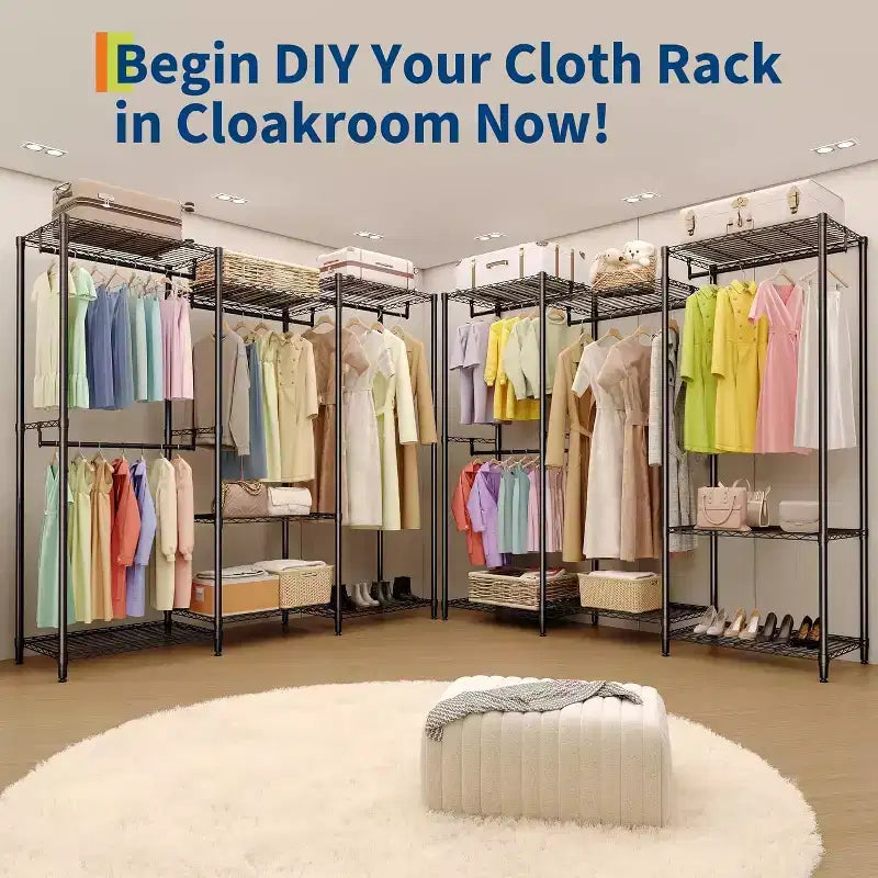 Heavy Duty Clothes Rack - Freestanding Closet Organizer w/ 4 Rods & Adjustable Shelves