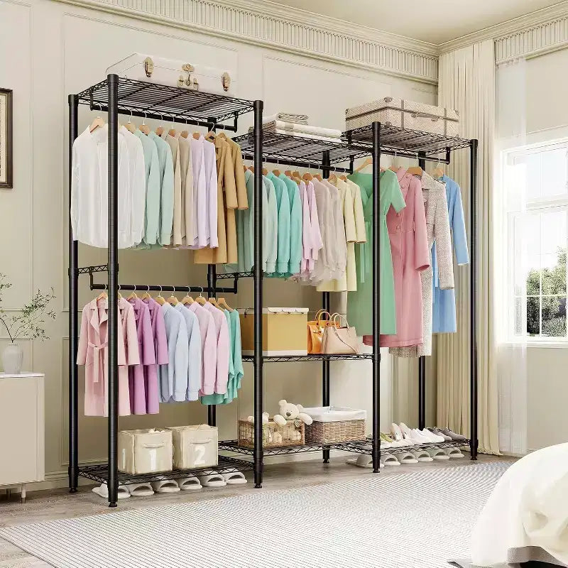 Heavy Duty Clothes Rack - Freestanding Closet Organizer w/ 4 Rods & Adjustable Shelves