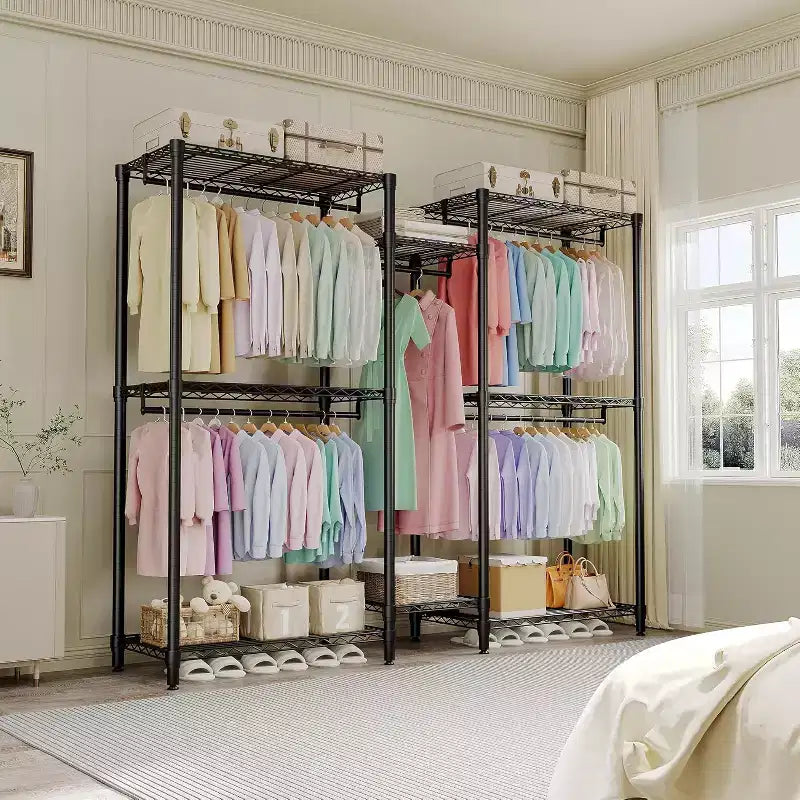Heavy Duty Clothes Rack - Freestanding Closet Organizer w/ 4 Rods & Adjustable Shelves