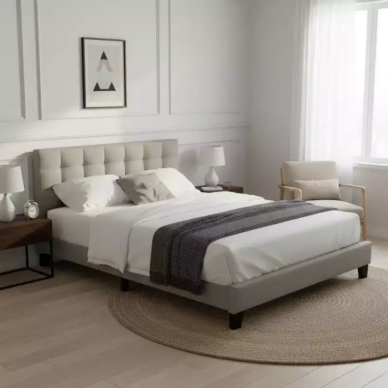 Lucas Contemporary Wood Upholstered Platform Bed with Square Tufted Headboard