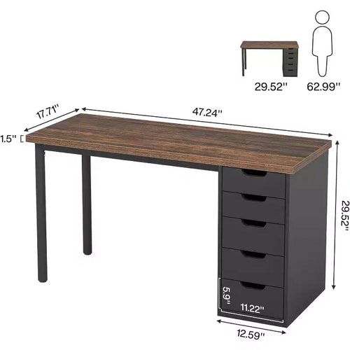 47 Rustic Brown Computer Desk with 5 Drawers, Modern Storage & Reversible Cabinet for Small Home Office Spaces