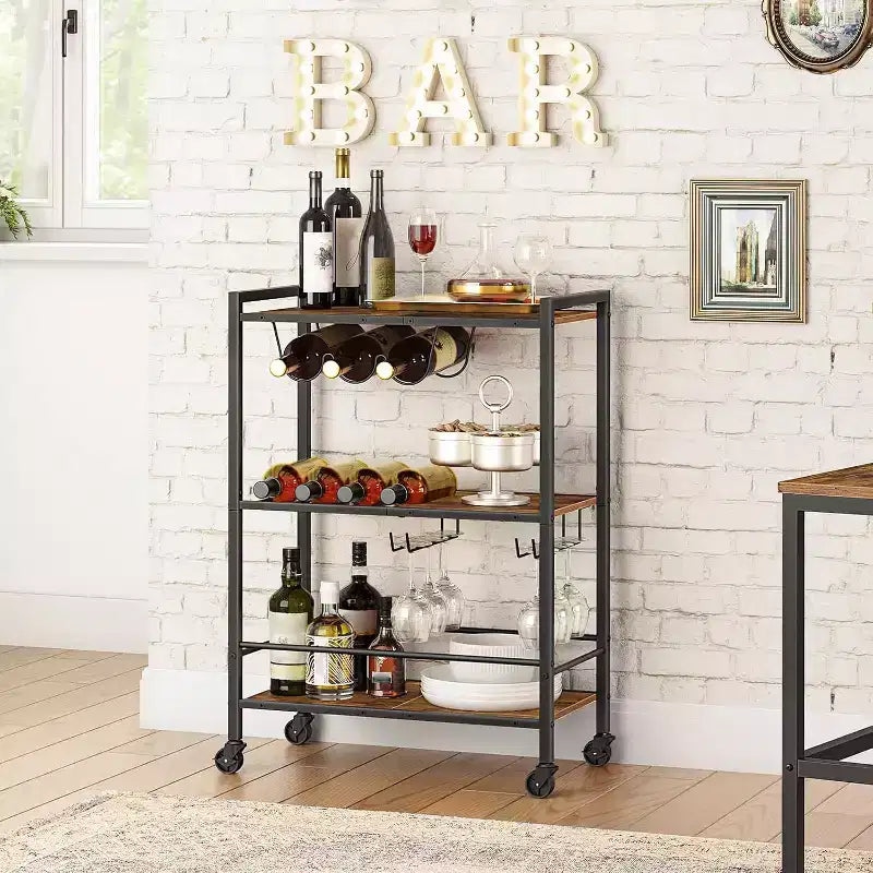 Bar Cart, 3-Tier Rolling Serving Cart with Wine Rack & Glass Holder, Rustic Brown & Black Kitchen/Coffee/Wine Cart