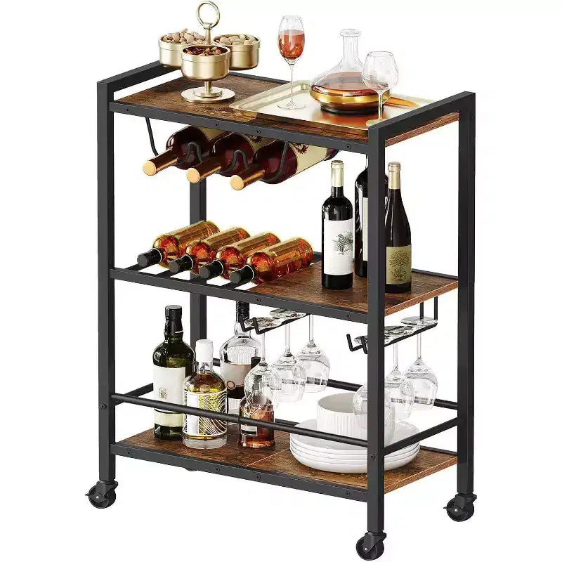 Bar Cart, 3-Tier Rolling Serving Cart with Wine Rack & Glass Holder, Rustic Brown & Black Kitchen/Coffee/Wine Cart
