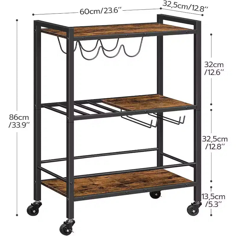 Bar Cart, 3-Tier Rolling Serving Cart with Wine Rack & Glass Holder, Rustic Brown & Black Kitchen/Coffee/Wine Cart