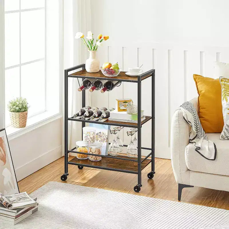 Bar Cart, 3-Tier Rolling Serving Cart with Wine Rack & Glass Holder, Rustic Brown & Black Kitchen/Coffee/Wine Cart