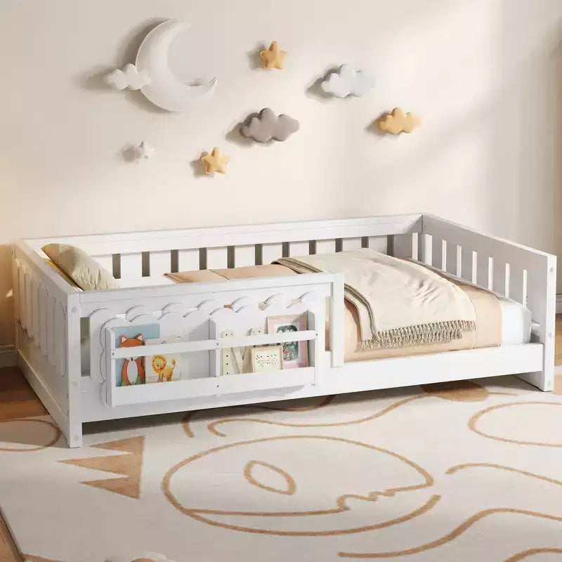 Twin and Full Size Kid Platform Bed Frame with Guardrail, Built-in Bookshelves and Storage Shelves