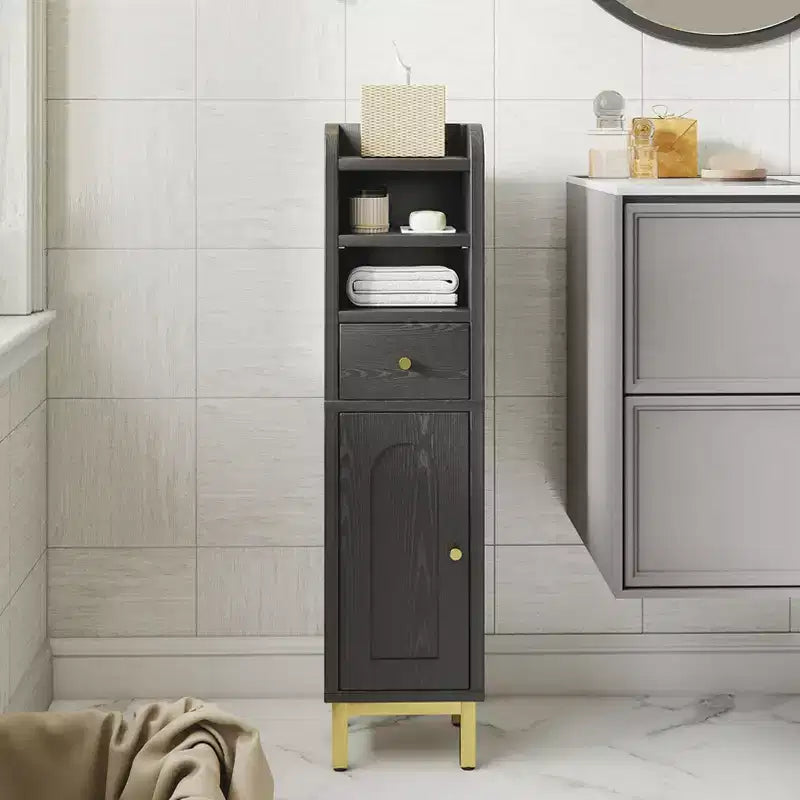 Bathroom Storage Cabinet, Modern Corner Floor Cabinet with Drawer, Door and Adjustable Shelf, Black