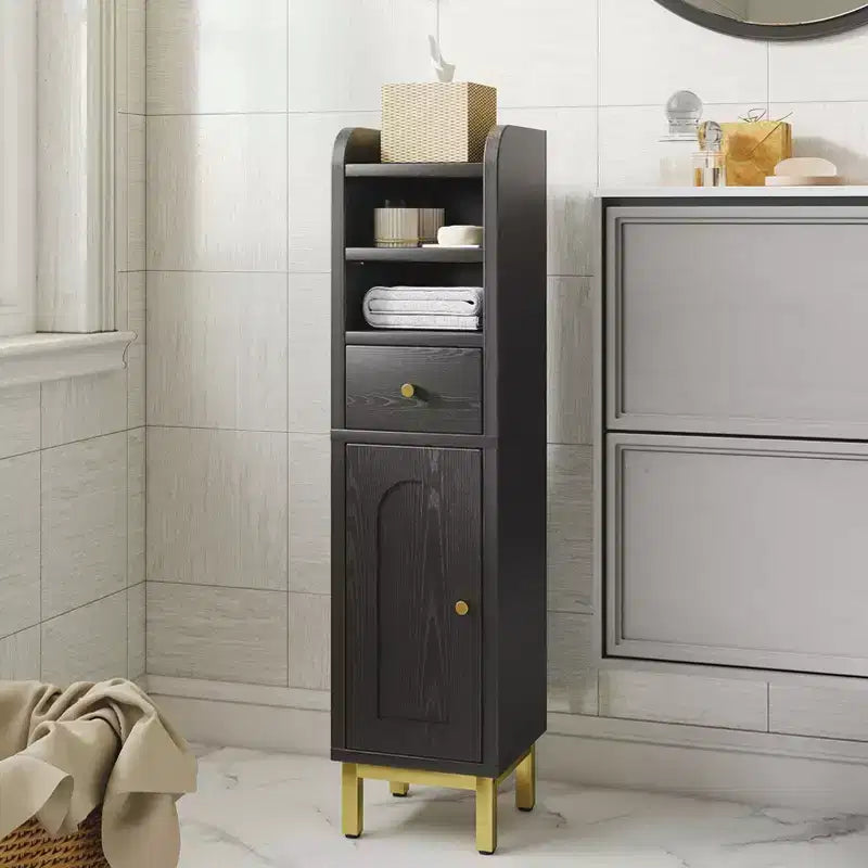 Bathroom Storage Cabinet, Modern Corner Floor Cabinet with Drawer, Door and Adjustable Shelf, Black
