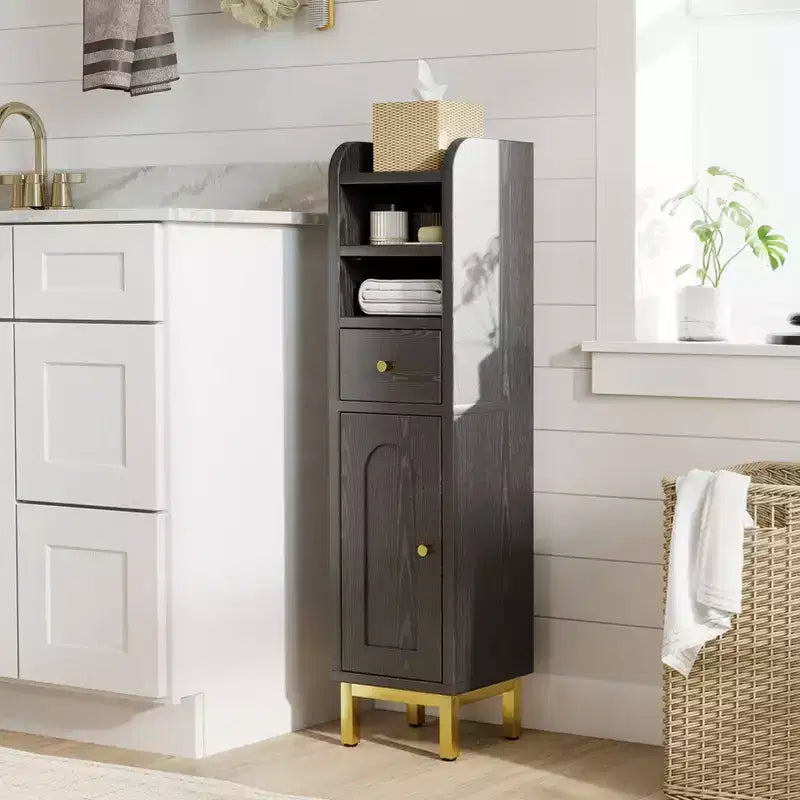 Bathroom Storage Cabinet, Modern Corner Floor Cabinet with Drawer, Door and Adjustable Shelf, Black