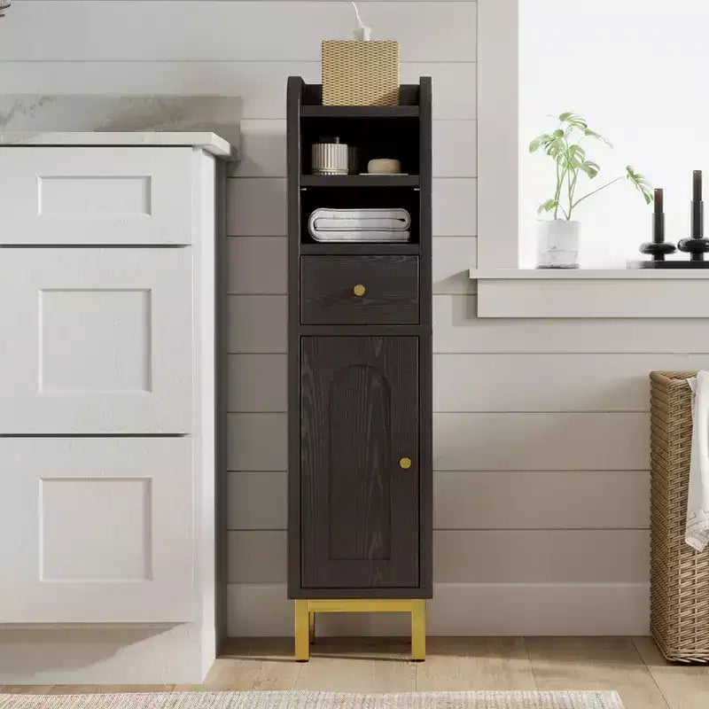 Bathroom Storage Cabinet, Modern Corner Floor Cabinet with Drawer, Door and Adjustable Shelf, Black